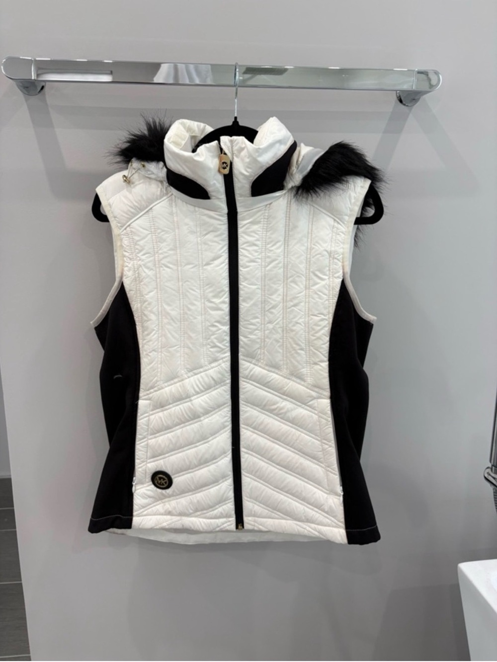 Michael Kors White and Black Quilted Hooded Vest with Faux Fur